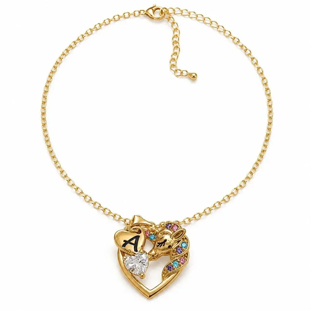 HIDEPOO Initial A Unicorn Heart Necklace 14K Gold-Plated CZ Gift Box